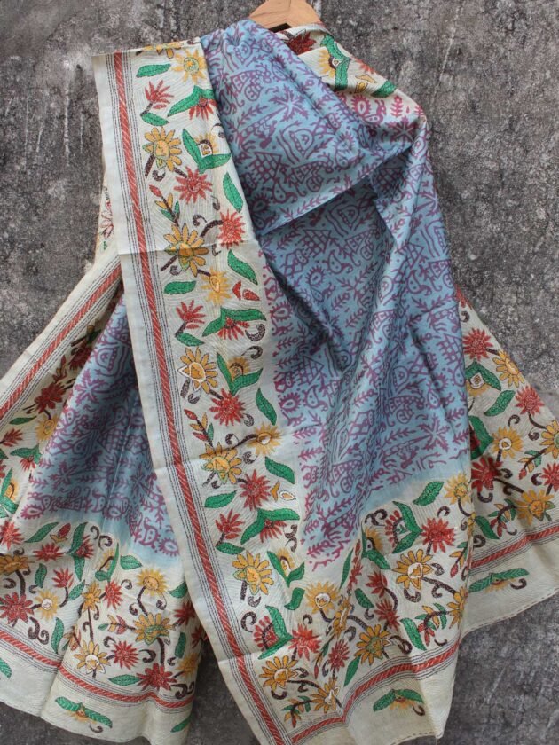 Block-Printed-Kanthawork-tussar-silk-Dupatta