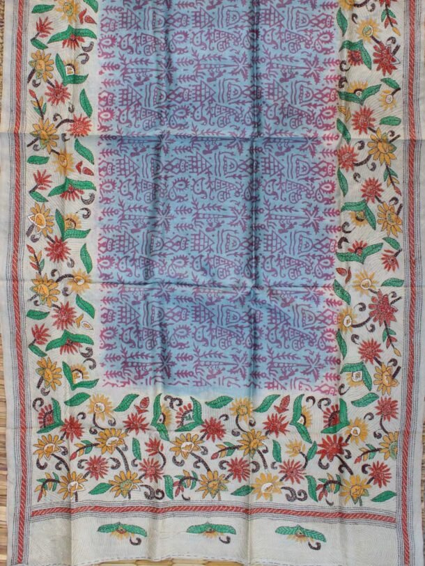 Block-Printed-nakshi-Kantha-tassar-silk-Dupatta