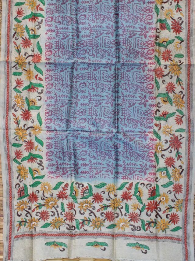 Block-Printed-nakshi-Kantha-tassar-silk-Dupatta