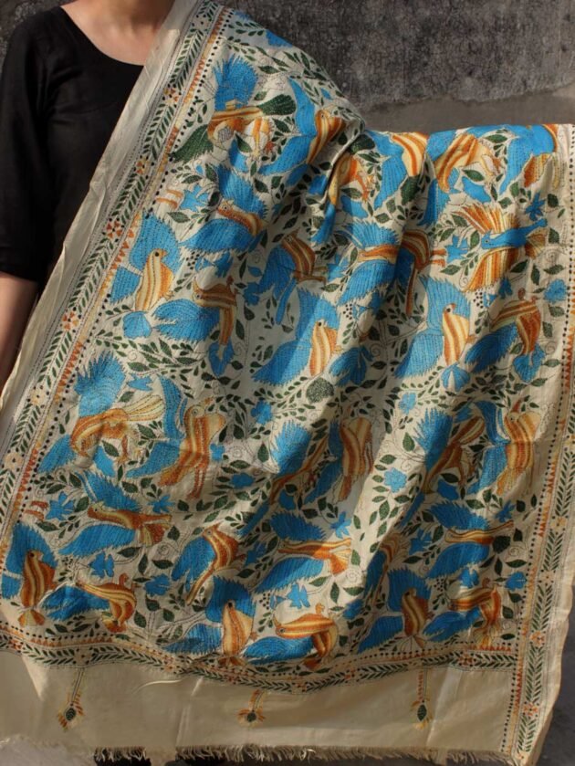 Blue-wing-bird-kanthawork-Tussar-dupatta