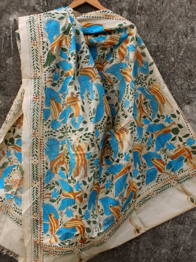 Blue-wing-bird-nakshi-kanthaTassar-silk-dupatta