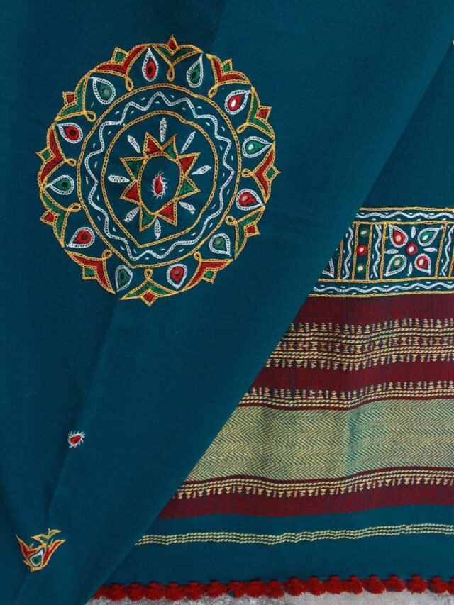 Bluish-Green-Ahir-embroidered-Gujarati-woolen-shawl