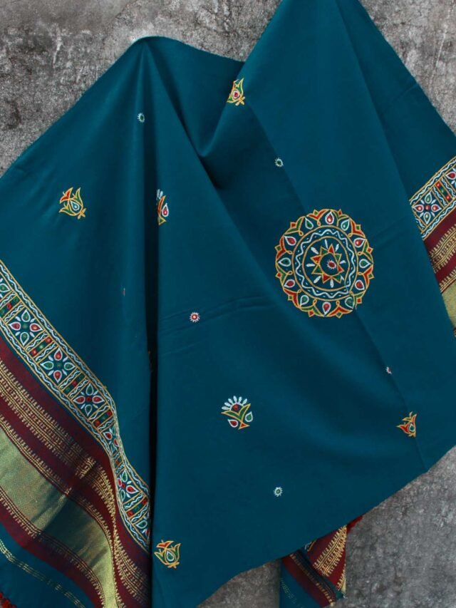 Bluish-Green-Ahir-embroidered-woolen-shawl