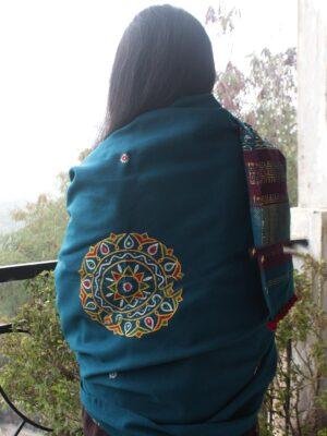 Bluish-Green-Handembroidered-Bhujodi-woolen-shawl Shilphaat