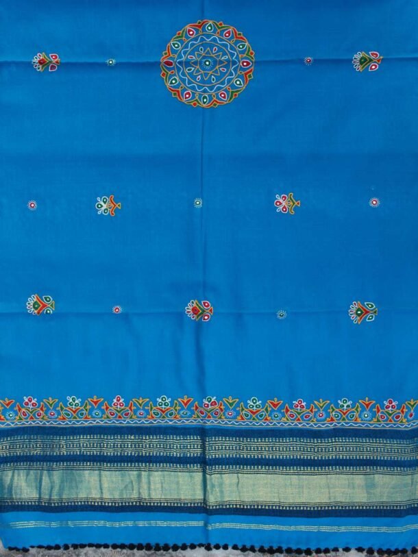 Firozi-blue-ahir-embroidered-Gujarati-woolen-shawl