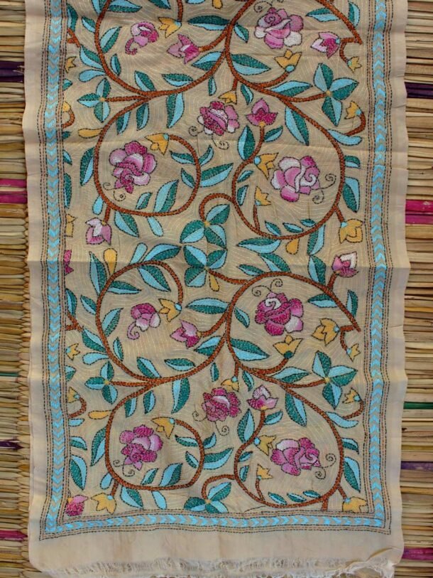 Pink-roses-kanthawork-beige-tassar-silk-scarf