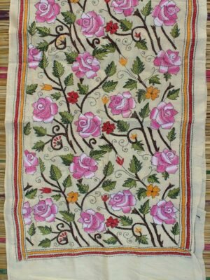 Pink-roses-kanthawork-tassar-silk-scarf