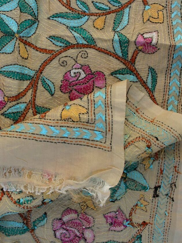 Pink-roses-nakshi-kantha-embroidered-beige-silk-stole