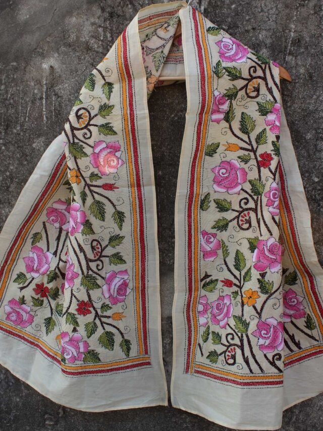 Pink-roses-nakshi-kantha-tussar-silk-stole
