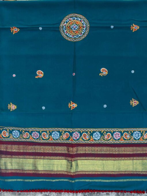 Teal-Blue-Ahir-embroidered-gujarati-woolen-shawl