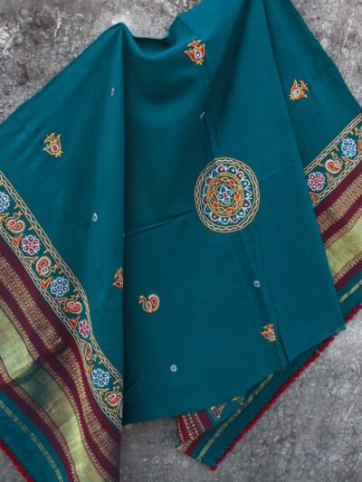 Teal-Blue-Ahir-embroidered-woolen-shawl
