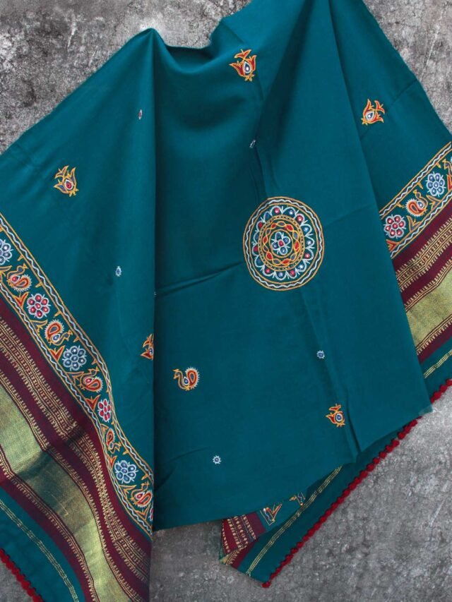 Teal-Blue-Ahir-embroidered-woolen-shawl