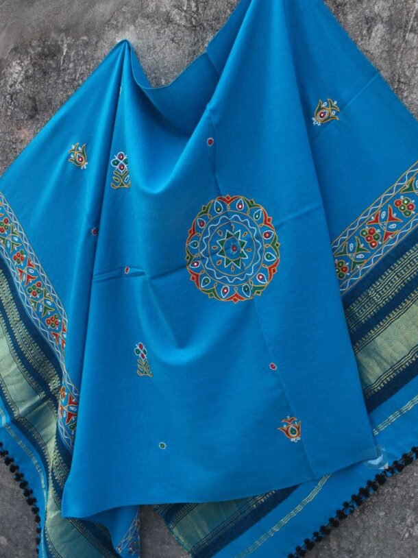 Turquoise-Blue Ahir embroiderd Woolen Shawl