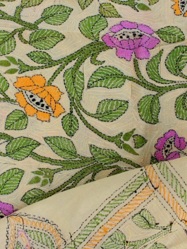 Yellow,-Purple-lotus-kantha-embroidered-tassar-silk-dupatta