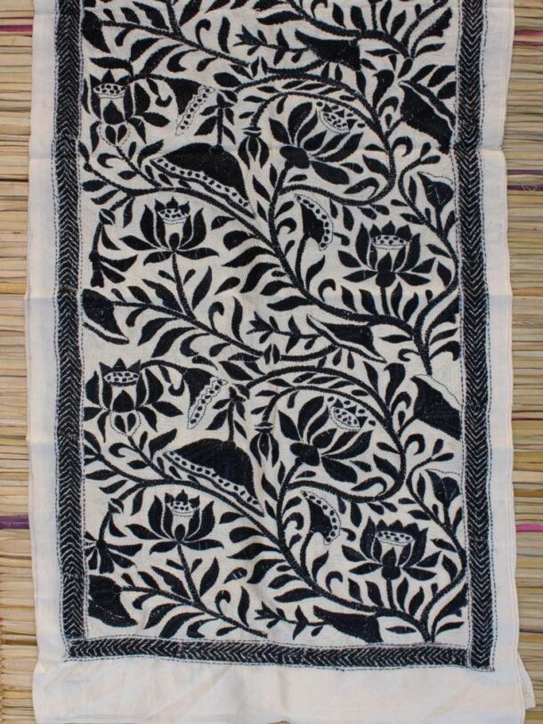 Black-lotus-kanthawork-tassar-silk-scarf