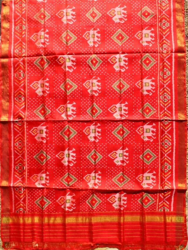 Red-Orange-Pure-silk-single-ikat-patola-dupatta