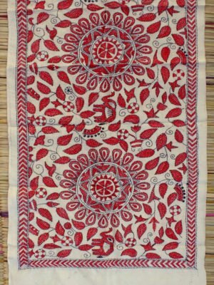 Red-and-off-white-nakshi-kantha-embroidered-silk-stole