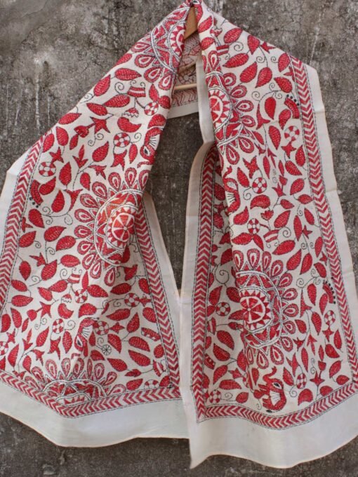Red-and-off-white-nakshi-katha-tussar-silk-stole