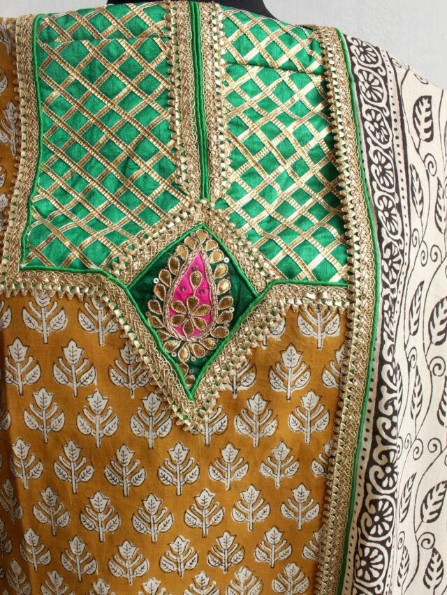 Brown-and-white-Block-printed-gotawork-cotton-dress-material