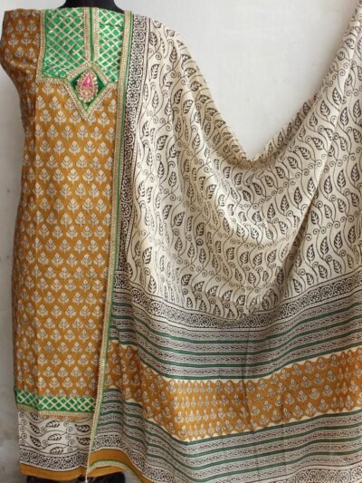Brown-and-white-Block-printed-lacework-cotton-dress-material