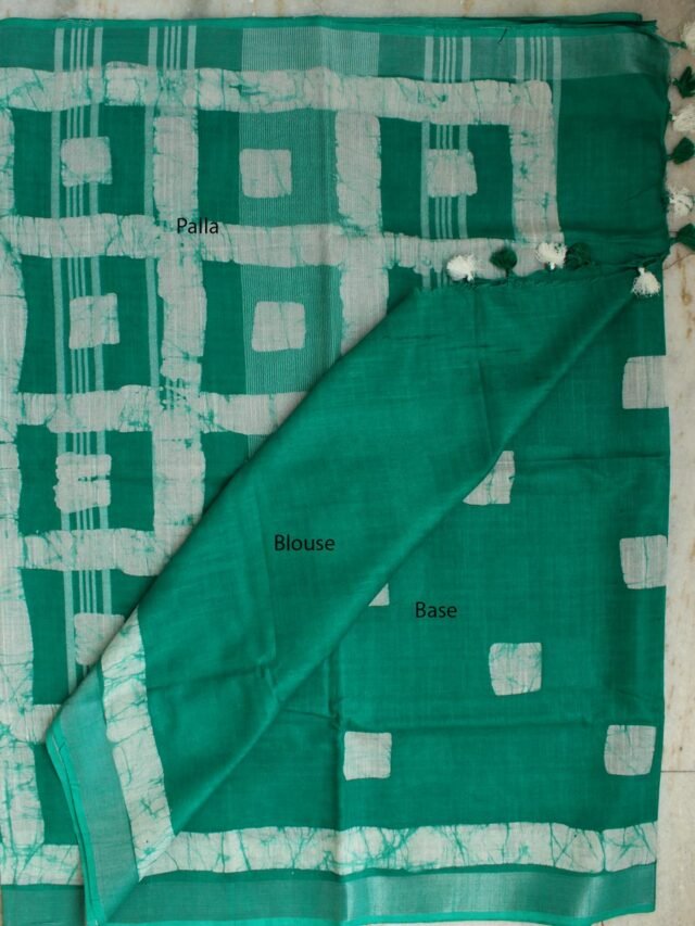 Dark Green-,-White-Batik-Linen-cotton-sari