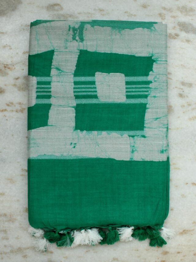 Dark Green-and-White-Batik-Linen-cotton-saree