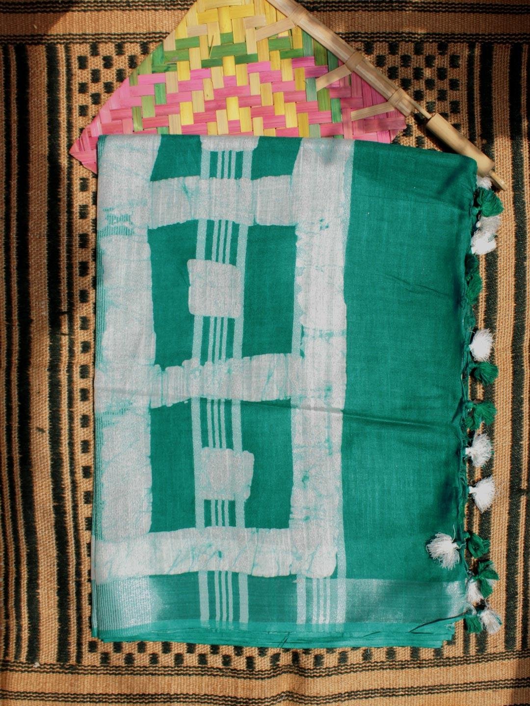 Emerald-Green-and-White-Batik-Linen-cotton-saree Emerald-Green-and-White-Batik-Linen-cotton-saree at Shilphaat.com