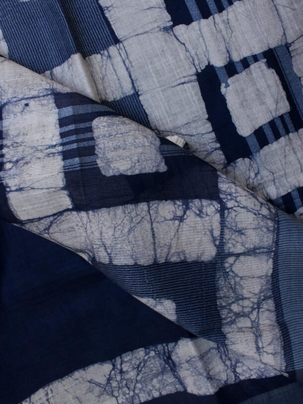 Navy-Blue,-Off-white-Batik-Linen-cotton-summer-Sari