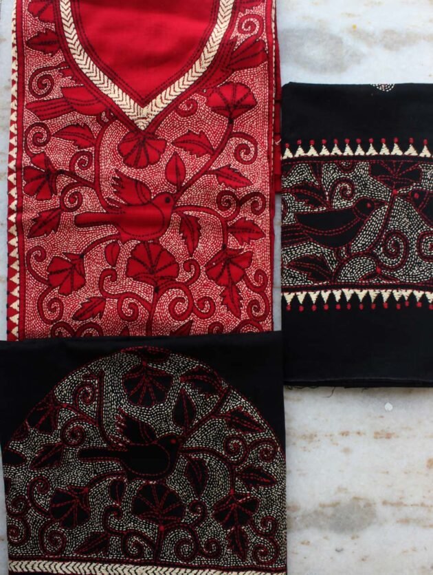 Red-and-Black-birds-kantha-handembroidered-cotton-dress-material