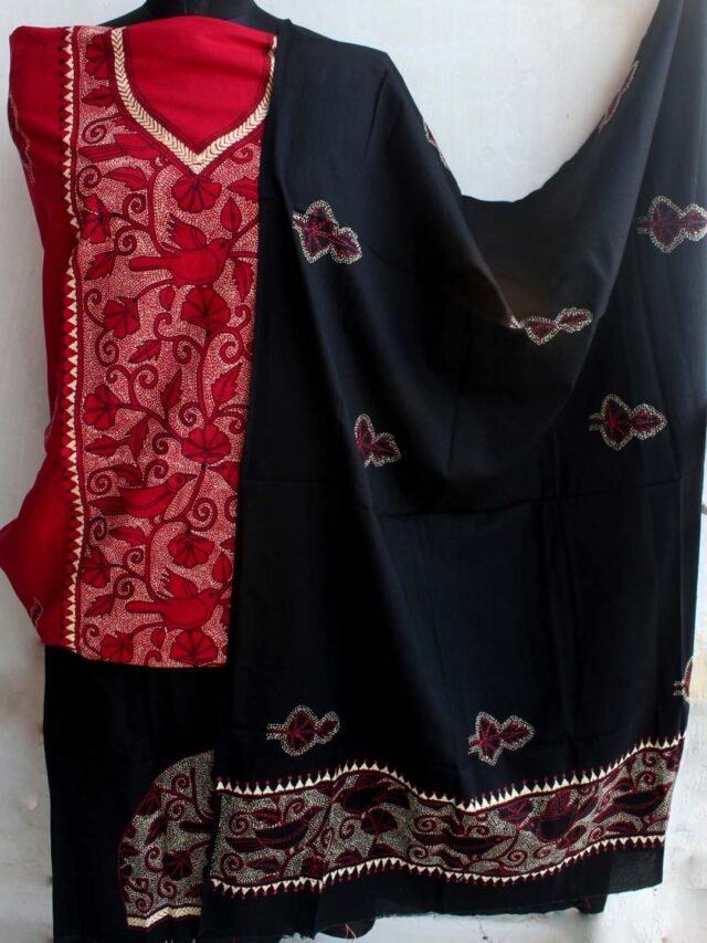 Red-and-Black-birds-kanthawork-cotton-dress-material