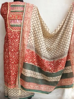Red-and-white-Block-printed-lacework-cotton-dress-material