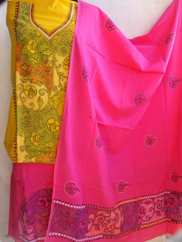 Yellow-and-Pink-Kanthawork-cotton-dress-material