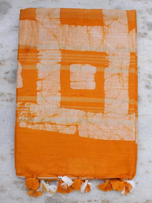 Yellow-and-White-Batik-cotton-linen Sari