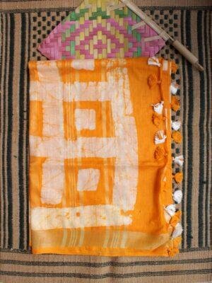 Yellow-and-off-White-Batik-cotton-linen-Sari at Shilphaat.com