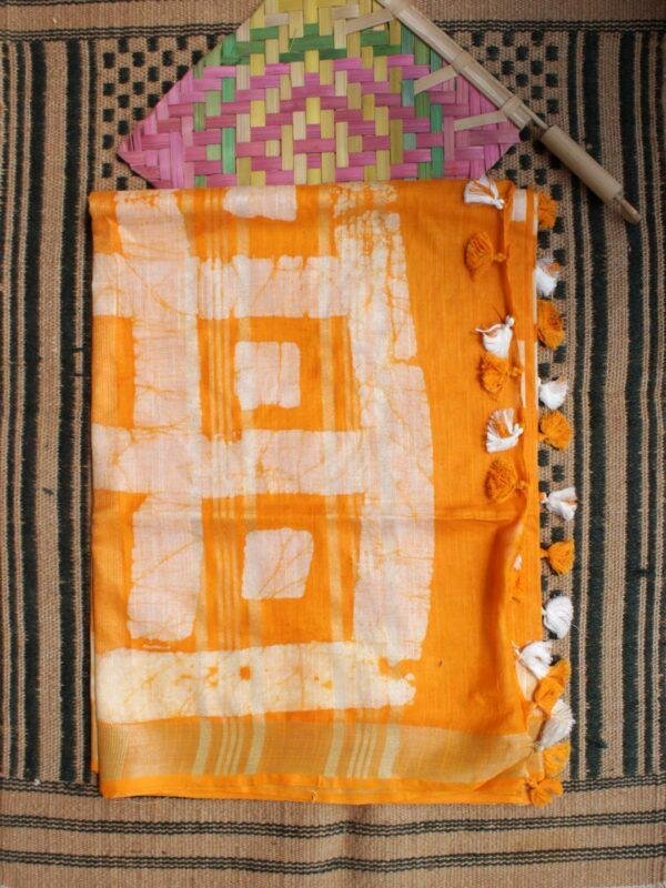 Yellow-and-off-White-Batik-cotton-linen-Sari at Shilphaat.com