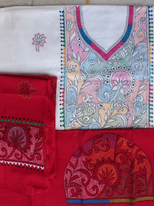 white-and-red-kantha-handembroidered-cotton-dress-material