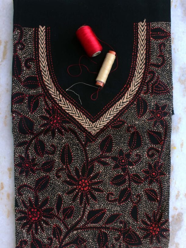 Black-Kantha-embroidered-cotton-Kurta-fabric