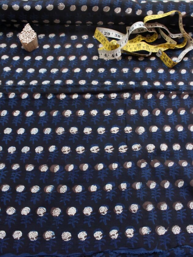 Black-and-natural-indigo-block-printed-pure-cotton-shirt-fabric