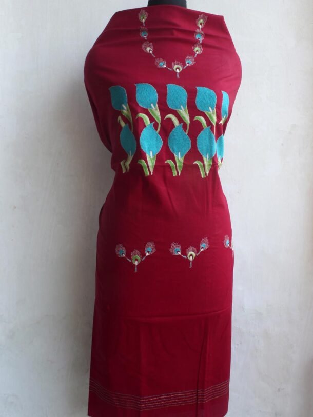 Blue-and-Maroon-Kanthawork-cotton-ladies-Kurta-fabric