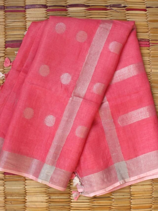 Carrot-Pink-,-Silver-zari-pure-linen-saree