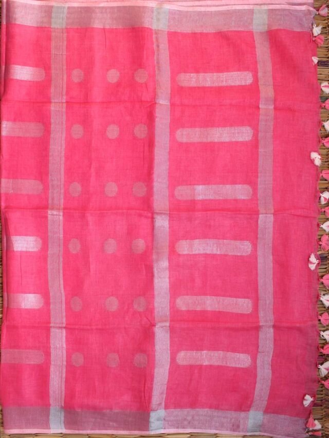 Carrot-Pink-,-Silver-zari-pure-linen-sari