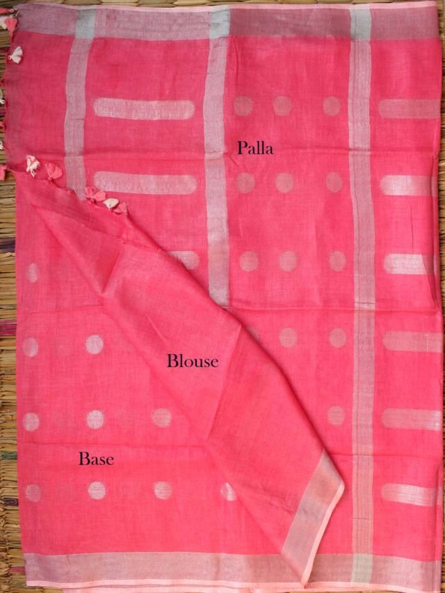 Carrot-Pink-,-Silver-zari--pure-silken-linen-sari