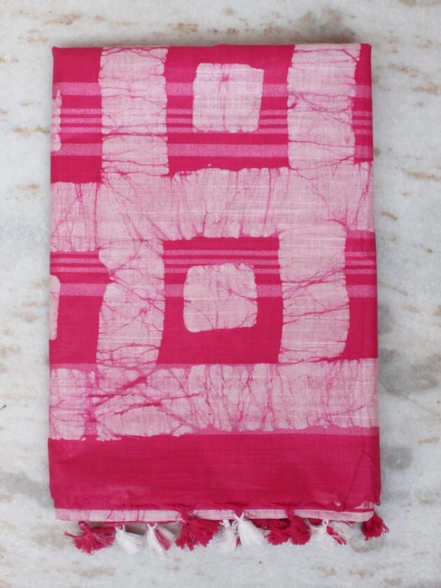 Dark-Pink-,-White-Batik-Linen-cotton-Saree