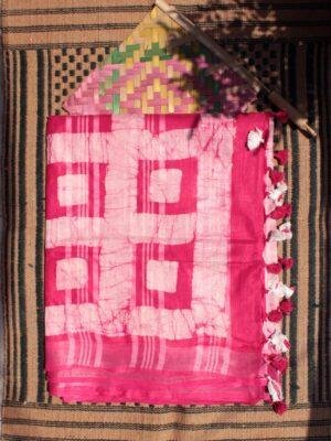 Dark-Pink-off-White-Batik-Linen-cotton-Saree at Shilphaat.com