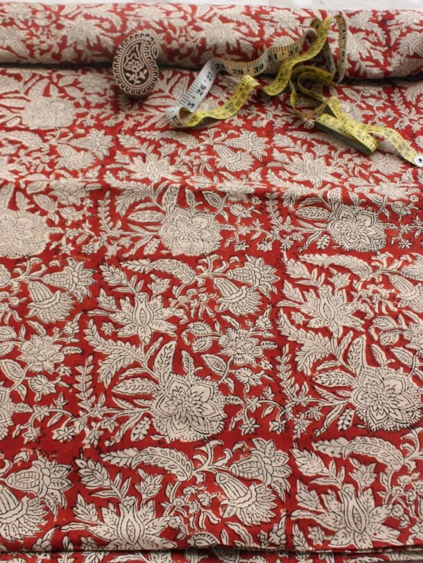 Madder-Red-floral-block-print-mul-cotton-kurta-fabric