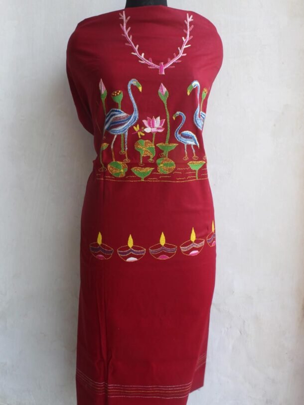 Maroon-Red-Kanthawork-cotton-ladies-Kurta-fabric