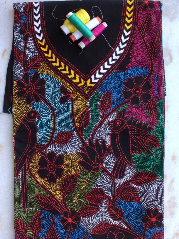 Multicolour-Kantha-embroidered-Black-cotton-Kurta-fabric