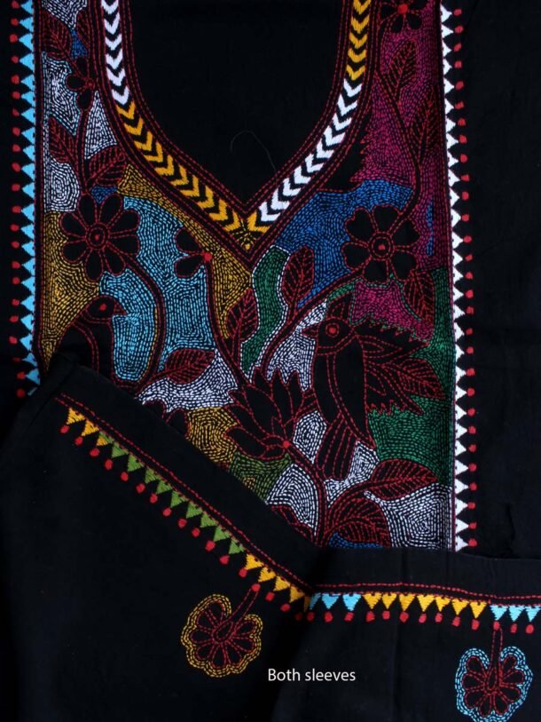 Multicolour-Kantha-handembroidered-black-cotton-ladies-Kurta-fabric