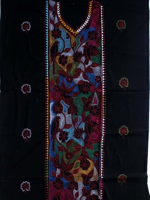 Multicolour-nakshi-Kantha-embroidered-Black-cotton-Kurta-fabric