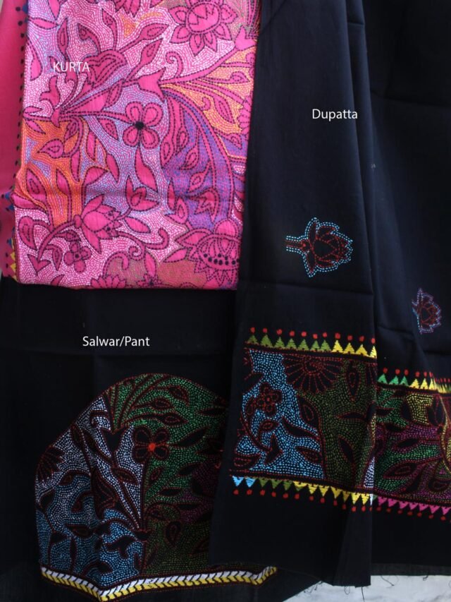 Pink-and-Black-Kantha-embroidered-cotton-dress-material